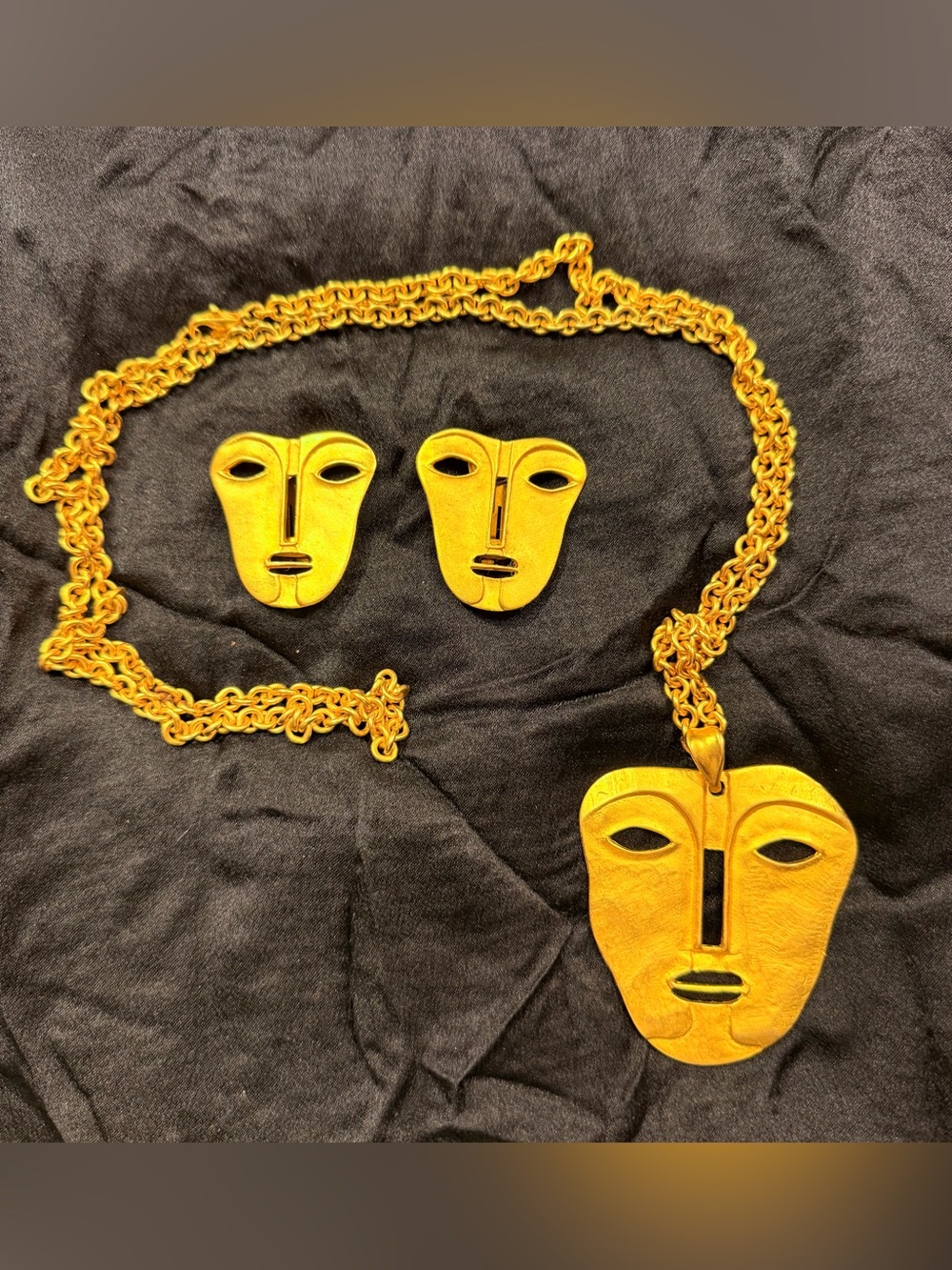 Rare VTG 1980s Maxine Denker Gilded Tribal Mask Necklace & Earrings Set